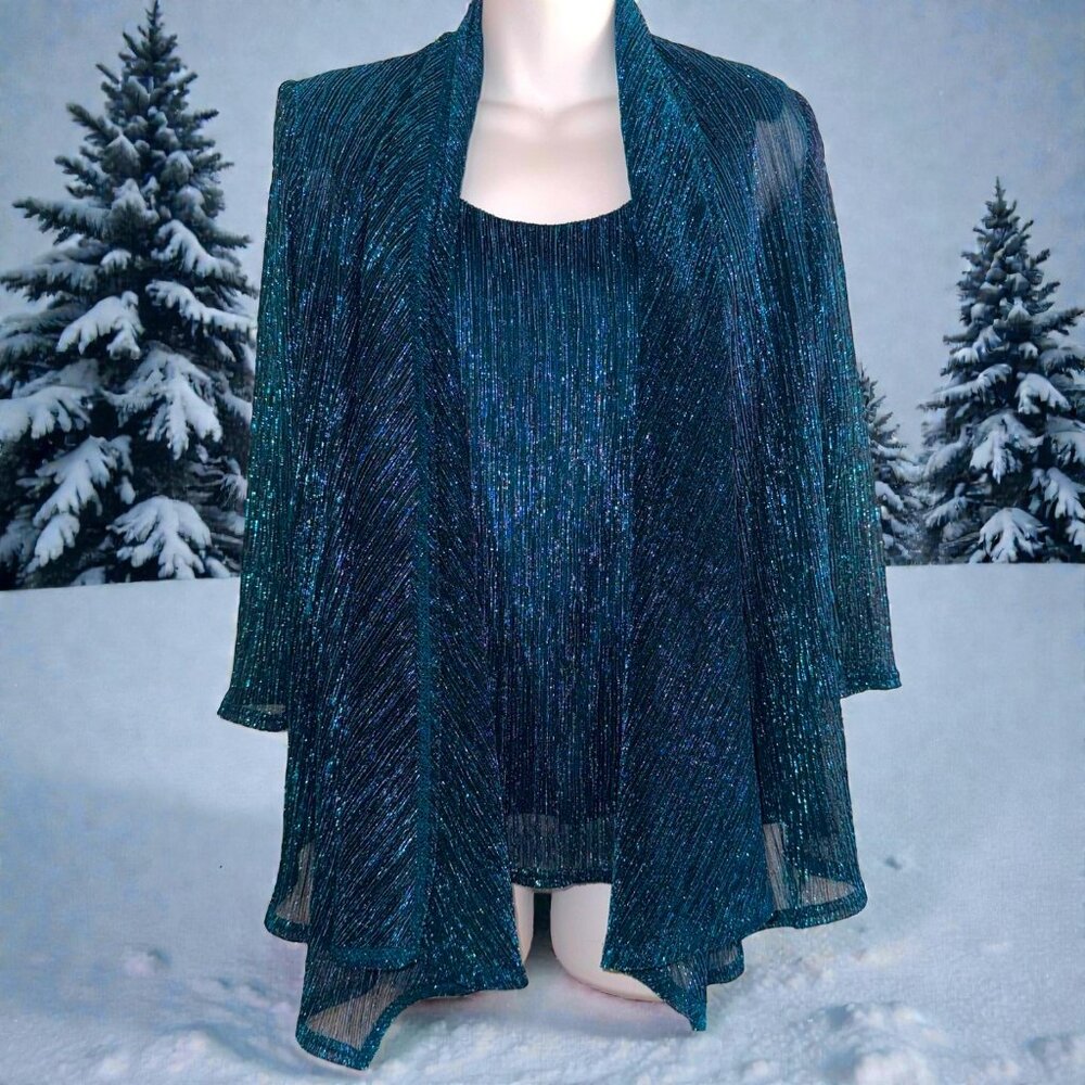 R&M Collection Teal Shimmer Sheer Overlay Top | S - Picture 3 of 13